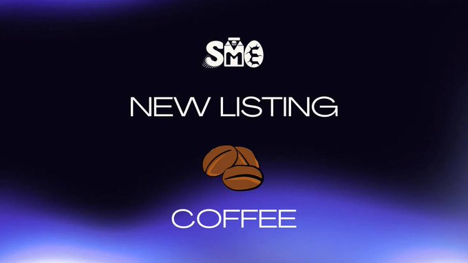 A graphic displays 'SME' at the top, followed by 'NEW LISTING' and an image of coffee beans with the word 'COFFEE' on a dark purple and blue background.
