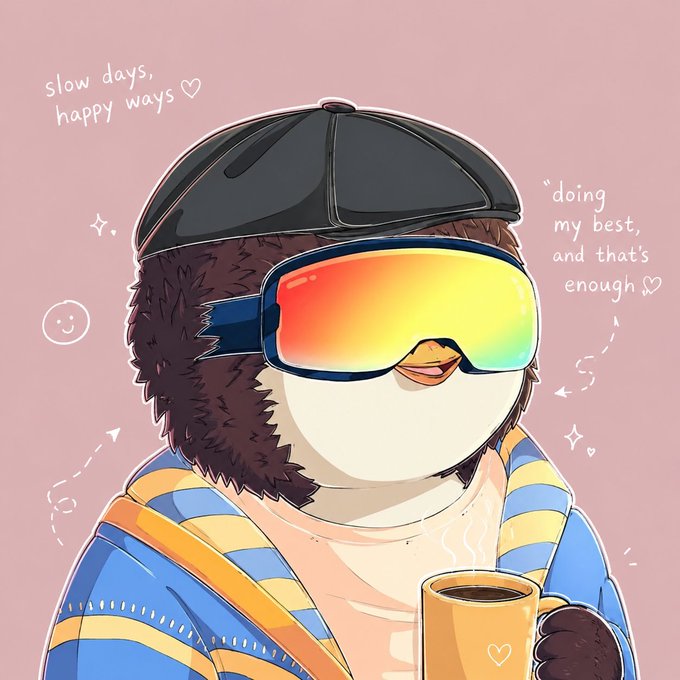 An illustration of a penguin wearing a black cap, colorful reflective ski goggles, and a blue and yellow striped hoodie, holding a steaming mug of coffee, with the text 'slow days, happy ways ♡' and '"doing my best, and that's enough ♡"'.
