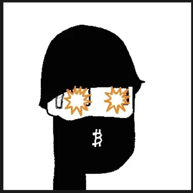 A minimalist black-and-white illustration of a bearded figure wearing a helmet with starburst-shaped orange glasses and a Bitcoin 'B' symbol on his beard.