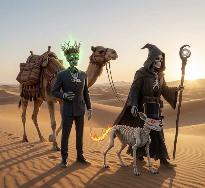 A surreal desert scene features a skeleton in a suit with a glowing green crown and 'LEVEL' necklace, a grim reaper skeleton with a staff, a skeletal dog in a top hat, and a camel.