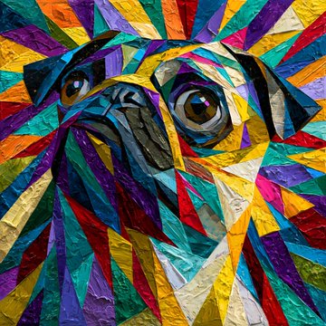 A vibrant, geometric mosaic painting of a pug's face, identified by the accompanying text as "Patchwork Pugness #3," which is noted as sold out.