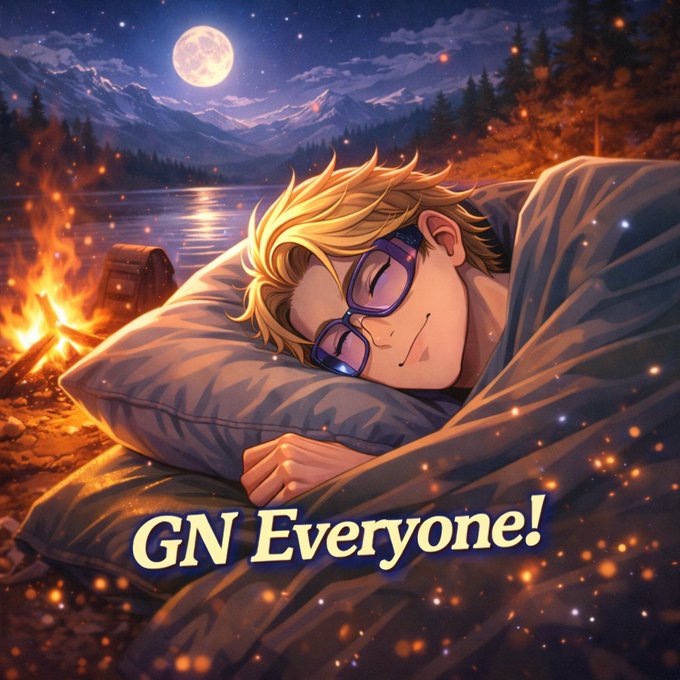 An anime-style illustration of a blonde character wearing purple sunglasses, sleeping peacefully under a blanket near a campfire by a lake under a full moon, with the text 'GN Everyone!' displayed.