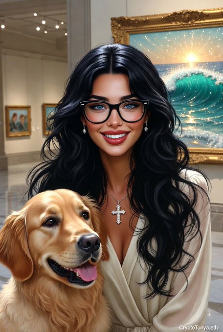 A stylized digital illustration of a dark-haired woman with glasses and a cross necklace posing with a golden retriever in an art gallery, branded 'CryptoTonya.eth'.