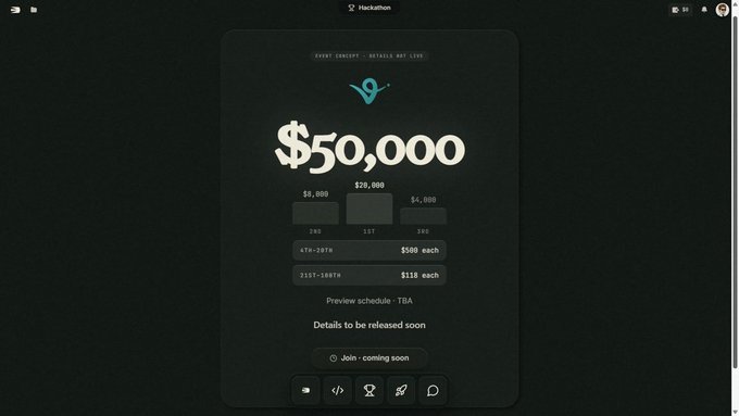 A dark-themed webpage displaying a Hackathon prize pool of '$50,000' with tiered rewards ($20,000, $8,000, $4,000) and tier labels like 4TH-28TH, 1ST, 2ND, and 21ST-100TH.