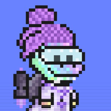 A pixel art character with purple hair and a green mask stands against a blue background with grid lines.