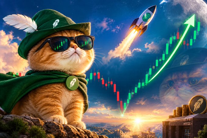 A digital artwork of an orange tabby cat wearing a green Robin Hood-style hat with a feather and sunglasses, sitting on a rock with a rocket launching, stock chart trending upward, and a treasure chest of gold coins in the background.