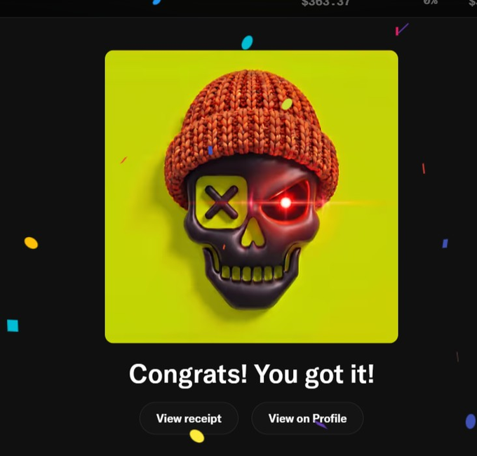A celebratory screen displays "Congrats! You got it!" above a skull wearing an orange knit beanie with an X over one eye and a glowing red laser eye, set against a yellow background with confetti scattered around and buttons for "View receipt" and "View on Profile."
