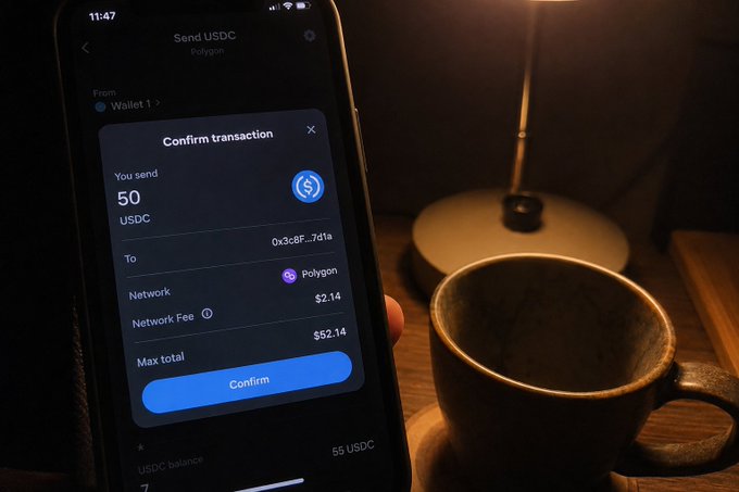 A smartphone displays a 'Confirm transaction' screen for sending 50 USDC on the Polygon network with a $2.14 network fee, held next to a ceramic mug of coffee in warm lighting.