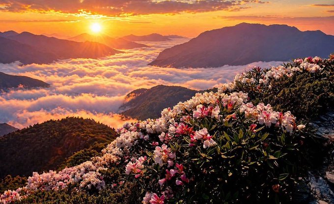 The image features a beautiful view of a mountain range with a sunset over the mountains. The sky is filled with warm hues, creating a stunning backdrop for the scene. In the foreground, there are flowers blooming at the base of the mountain, adding a touch of color and life to the landscape. The post about an upcoming airdrop for X creators has been shared by someone who seems to be enjoying the view or discussing it with others.