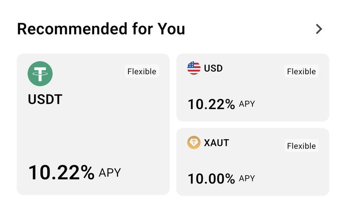 A "Recommended for You" section displaying flexible yield products with USDT offering 10.22% APY and XAUT offering 10.00% APY, showcasing BiyaPay Wealth's passive income options for idle stablecoins.