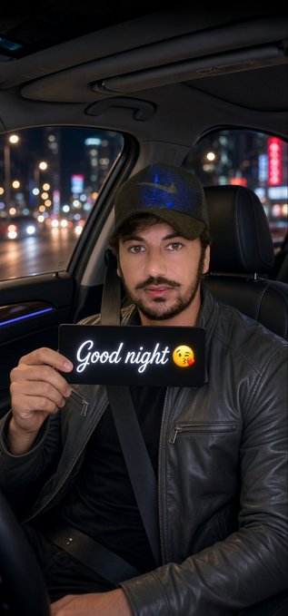 A man wearing a cap and leather jacket sits in a car at night holding a phone displaying 'Good night' with a kissing emoji.