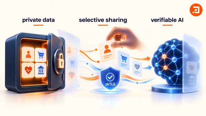 A promotional graphic illustrating 'private data', 'selective sharing', and 'verifiable AI' concepts with icons of a vault, a hand sharing data, and a neural network, featuring zkTLS branding.