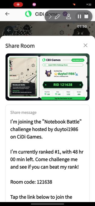 A mobile screenshot of a CiDi Games 'Notebook Battle' share room page with RID 121638 hosted by duytoi1986, showing a share message for joining the challenge.