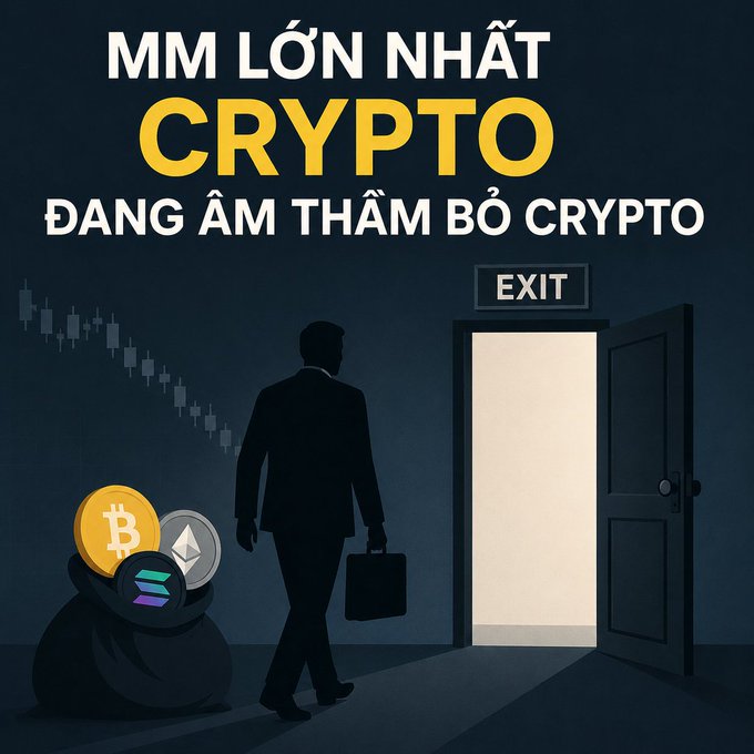A Vietnamese crypto marketing graphic with text 'MM LỚN NHẤT CRYPTO ĐANG ÂM THẦM BỎ CRYPTO' (The biggest names in crypto are quietly leaving crypto), showing a businessman silhouette walking toward an EXIT door, with crypto coins (Bitcoin, Ethereum, Solana) in a bag and a declining chart in the background.
