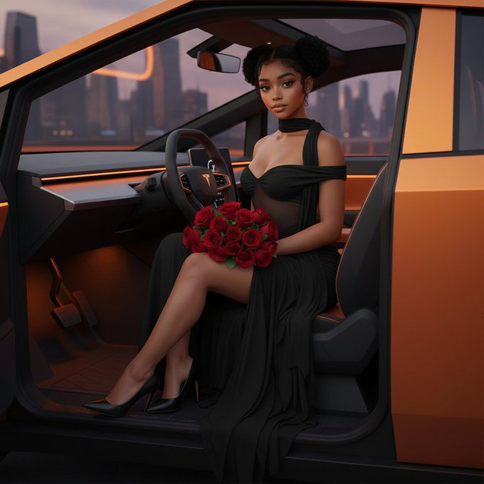 An AI-generated image of a young woman in a black dress holding red roses, sitting in the driver's seat of an orange vehicle with a city skyline visible in the background.