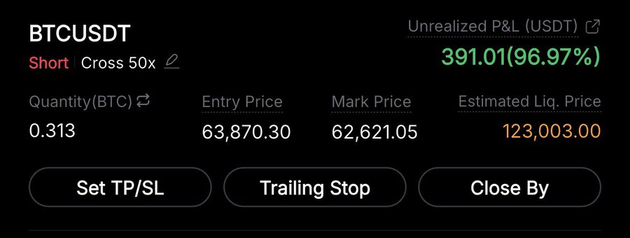 A trading dashboard showing an active BTCUSDT Short position on Bybit with 50x cross leverage, displaying an unrealized profit of $391.01 (96.97%) with entry price at $63,870.30 and mark price at $62,621.05, which aligns with the post's claim of a profitable short trade on Bitcoin.
