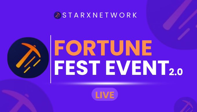 The image features a purple banner with white text that reads "F Fortune Fest Event 2.0 Live" and an orange logo of a hammer. The background of the image has circles and lines scattered throughout, creating a sense of depth and complexity.