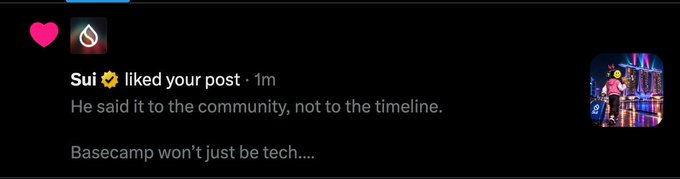 A notification showing 'Sui liked your post' with the comment 'He said it to the community, not to the timeline.' and preview text 'Basecamp won't just be tech....'