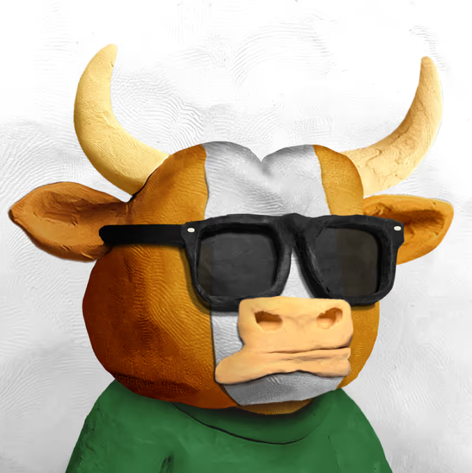 A 3D-rendered illustration of a cartoon cow with orange and white coloring, wearing black square sunglasses and a green shirt against a white background.