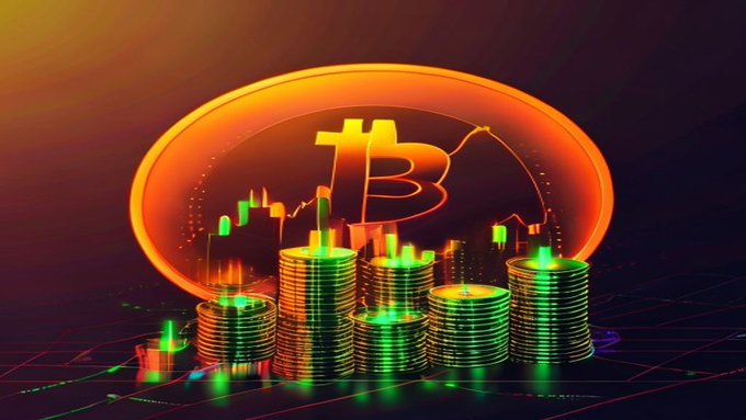 A 3D rendering of stacks of gold and green cryptocurrency coins in front of a large, glowing orange Bitcoin logo with a candlestick chart in the background.