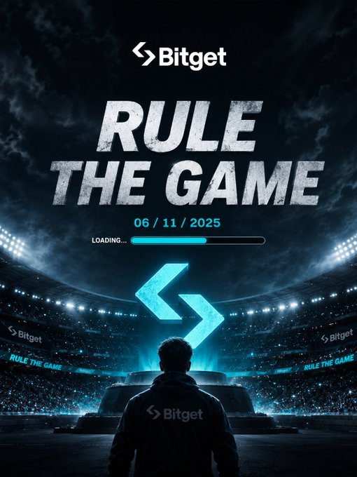 The image features an advertisement for a new game called "Rule the Game" by Bitget. The poster showcases a man standing in front of a stadium, with the words "RULE THE GAME" displayed prominently above him. The background of the poster is filled with blue lights and a stadium setting, creating a sense of excitement and anticipation for the upcoming release of the game. The image also includes a loading bar that indicates that the game is currently in progress or about to start. The overall atmosphere of the advertisement suggests that @bitget is eager to share their new game with the world and invites viewers to join them on this thrilling gaming experience.