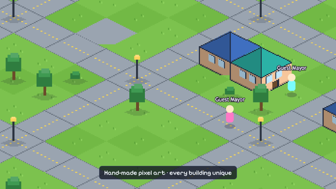 The image shows a 3D rendering of a city street scene, with buildings and trees depicted as pixel art. The text "Every building hand-made in pixels" suggests that this is an illustration or model created using pixel art techniques. The post also mentions that the image was taken on June 24th at 5 PM, which could be related to the time when the photo was taken or the location where it was posted.