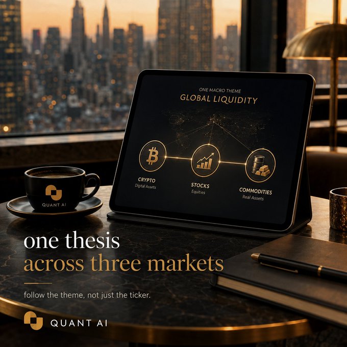 A promotional image for Quant AI showing a tablet displaying 'ONE MACRO THEME: GLOBAL LIQUIDITY' with icons for Crypto, Stocks, and Commodities, alongside the tagline 'one thesis across three markets'.
