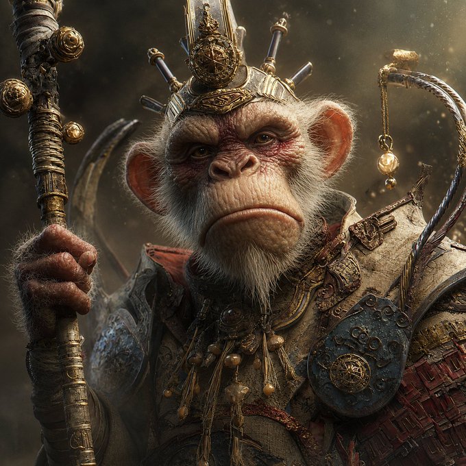 A highly detailed monkey warrior wearing elaborate Asian-inspired armor and a spiked golden crown, holding a staff and a curved hook weapon.