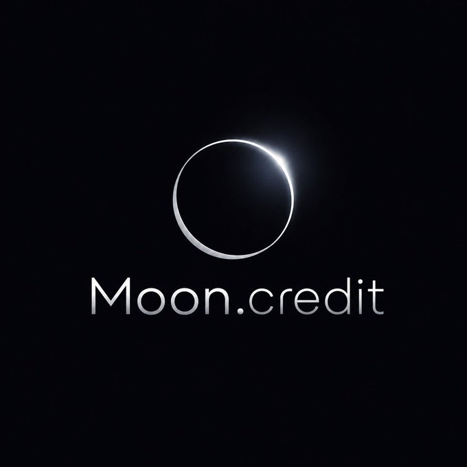 A minimalist logo design featuring a stylized white crescent shape resembling an eclipse or moon phase, with the text 'Moon.credit' displayed below on a black background.