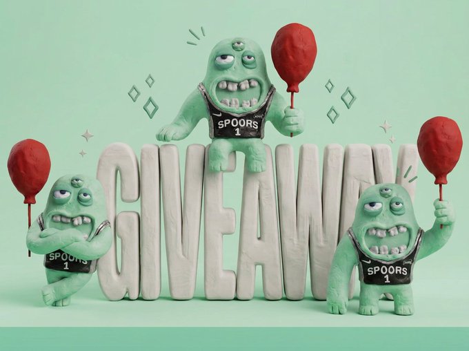 Three green claymation monsters wearing black jerseys labeled 'SPOORS 1' and holding red boxing gloves pose around large white letters spelling 'GIVEAWAY' on a mint green background.