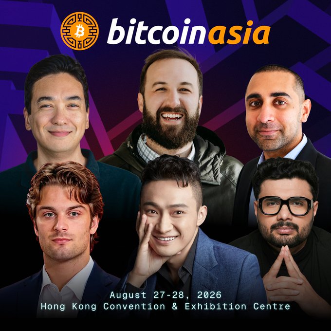 A promotional poster for 'bitcoin asia' conference featuring six speakers, scheduled for August 27-28, 2026 at the Hong Kong Convention & Exhibition Centre.