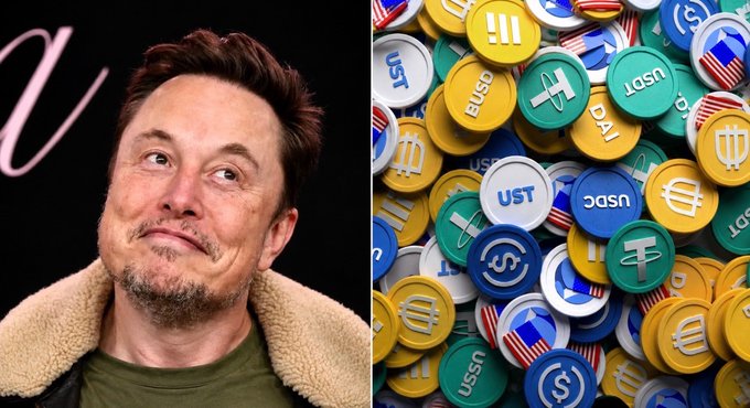 The image shows Elon Musk looking contemplative on the left, alongside a colorful pile of various stablecoin tokens including USDC, USDT, BUSD, and TUSD on the right, illustrating the news about Musk considering paying X content creators using these cryptocurrencies.