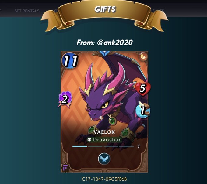 In-game screenshot of a 'GIFTS' notification in a card game, received from @ank2020, displaying a purple dragon card named 'VAELOK' of the Drakoshan faction.