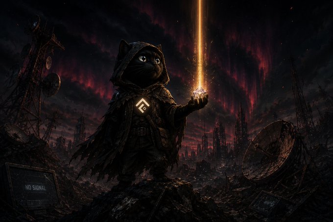 A dark fantasy digital artwork featuring a hooded black cat character holding a glowing yellow beam of light, set against a ruined apocalyptic cityscape with a red stormy sky and a "NO SIGNAL" monitor visible.