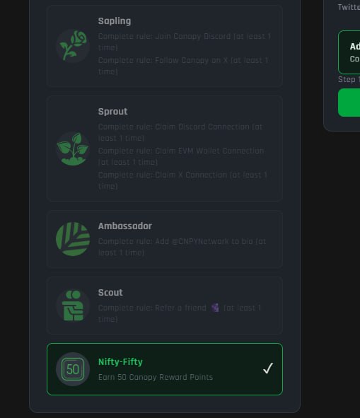 A dark-themed rewards interface showing tiered levels (Sapling, Sprout, Ambassador, Scout) with completion rules for tasks, and a completed 'Nifty-Fifty' achievement to earn 50 Canopy Reward Points.