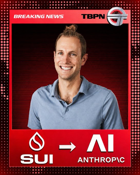 A promotional graphic from TBPN featuring a smiling man in a blue polo shirt, announced as "BREAKING NEWS" with logos showing a transition from SUI to Anthropic, visually accompanying the post's warning about leadership departures from blockchain projects following the Aptos co-founder's exit.