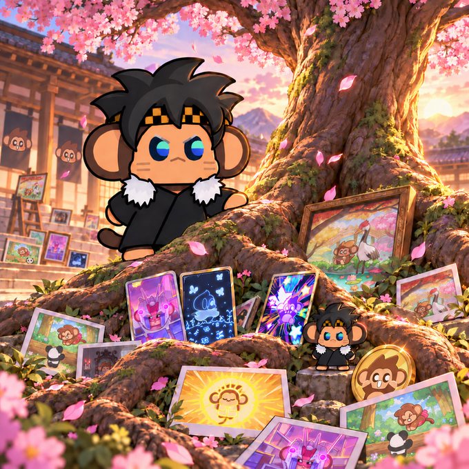 A chibi-style cartoon monkey character in a black coat stands on a tree branch surrounded by cherry blossoms and various illustrated cards or photos. The scene has an anime/manga aesthetic with traditional Japanese architecture in the background.