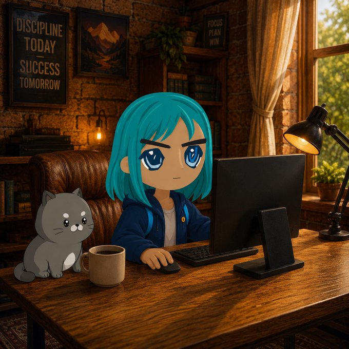 An animated chibi-style character with turquoise hair works at a computer on a wooden desk alongside a gray cat and coffee mug, with motivational posters reading 'DISCIPLINE TODAY SUCCESS TOMORROW' and 'FOCUS PLAN WIN' on the brick wall behind.