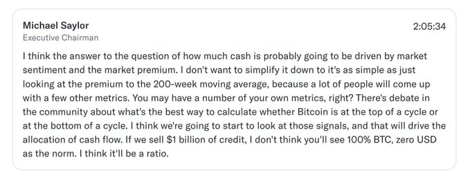 A quote card attributed to Michael Saylor, Executive Chairman, timestamped 2:05:34, in which he explains that Bitcoin allocation will be based on a ratio of BTC to USD reserves driven by market sentiment and various cycle top/bottom signals, rather than the previous norm of 100% BTC and zero USD from the $1 billion credit raise.