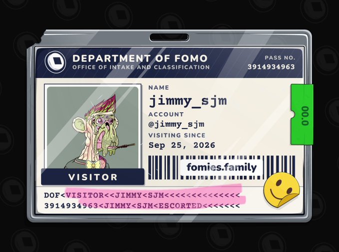 A cartoonish ID badge styled as a "Department of FOMO" visitor pass displays the username "jimmy_sjm" alongside the account "@jimmy_sjm" and pass number 3914934963, with a barcode linking to "fomies.family." The quirky, meme-style design visually reinforces the post's playful depiction of exploring the Fomies NFT project and being escorted through its "Department of FOMO."