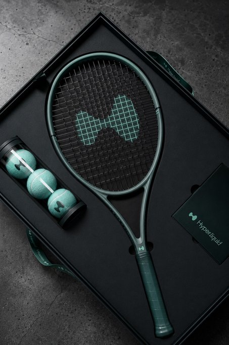 A green tennis racket and three green tennis balls arranged in a black carrying case branded with the 'H' Hypertiquid logo.