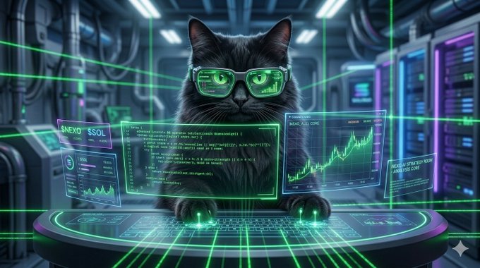 The image features a black cat sitting at a computer desk, wearing glasses and looking at a monitor displaying data. The cat appears to be engaged with the content displayed on the screen, possibly working or playing with the information presented. The background of the image is dark green, which contrasts with the cat's fur color and adds depth to the scene. The text "NEXO AI Command Center" suggests that this might be a promotional post for an AI-driven company or product.