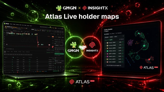 The image features two laptops, one with a green background and the other with a red background. The screens display live holder maps for the cryptocurrency Atlas. The text "Atlas Live holder maps powered by @InsightX network" indicates that these maps are generated in real time using the Insight X network. The post also mentions that the maps are available on GMGN View holders' connected wallet maps, which can be accessed through a mobile device or desktop computer.