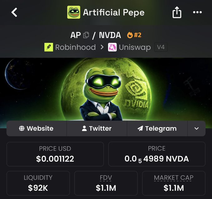 A token trading interface showing 'Artificial Pepe' (AP/NVDA) on Uniswap V4 via Robinhood, with a price of $0.001122 and liquidity of $92K.