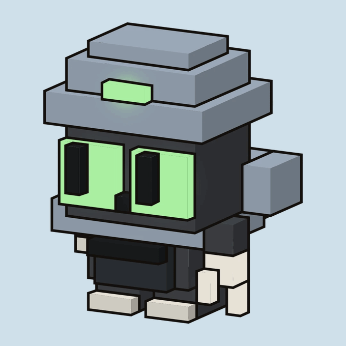 A voxel-style 3D rendered character with a blocky gray head featuring green glowing eyes and a green bar on the forehead, set against a light blue background.