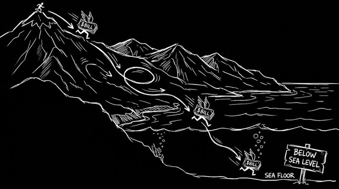 A black and white line drawing illustrating an underwater scene with multiple signs reading '3 BILL' at various depths, a 'BELOW SEA LEVEL' sign, and the text 'SEA FLOOR' at the bottom.