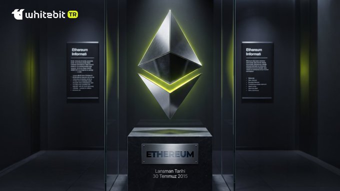 The image showcases a glowing, neon-lit Ethereum (ETH) logo centerpiece displayed in a glass case alongside an "ETHEREUM" plaque inscribed with "30 Temmuz 2015," visually commemorating the network's launch date referenced in the post about Ethereum's birthday.