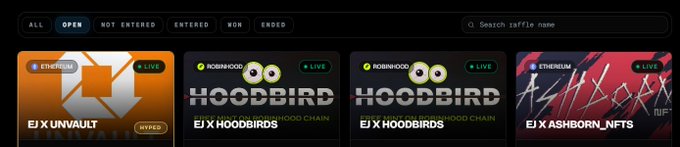 A dark-themed raffle dashboard interface showing filter tabs (ALL, OPEN, NOT ENTERED, ENTERED, WON, ENDED) and a search bar, featuring live NFT drops including "EJ x UNVAULT" (Ethereum), two "EJ x HOODBIRDS" listings (Robinhood), and "EJ x ASHBORN_NFTS" (Ethereum), confirming the emperorjournals.xyz raffles collaboration with Unvault and others.