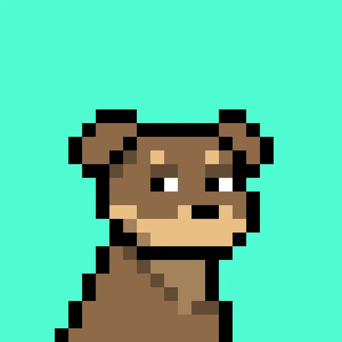 A pixel art illustration of a brown bear-like character looking over its shoulder against a solid teal background.