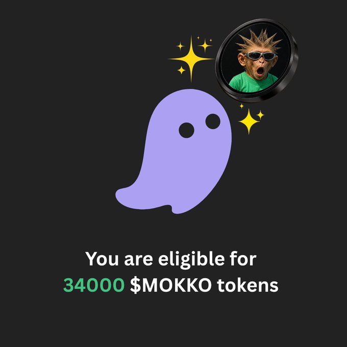 A promotional graphic featuring a purple ghost mascot on a dark background, stating 'You are eligible for 34000 $MOKKO tokens' alongside a circular image of a shocked monkey avatar.